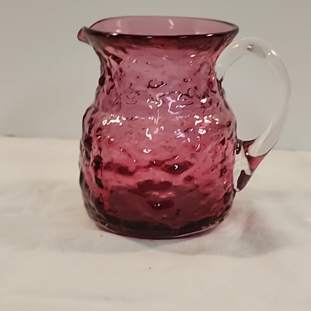 Vintage Cranberry Glass Pitcher Hand Blown Crinkle Bark Textured Creamer Syrup